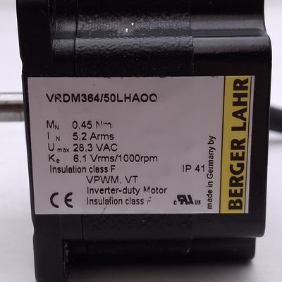 Used Berger Lahr VRDM364/50HLAOO Stepper Motor, 3Ø 28.3VAC 5.2A, 0.45Nm, NEMA 23
