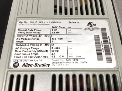 Used Allen Bradley 20A-E-2P7 PowerFlex 70 AC Variable Frequency Drive VFD 2HP 600V 3Ø