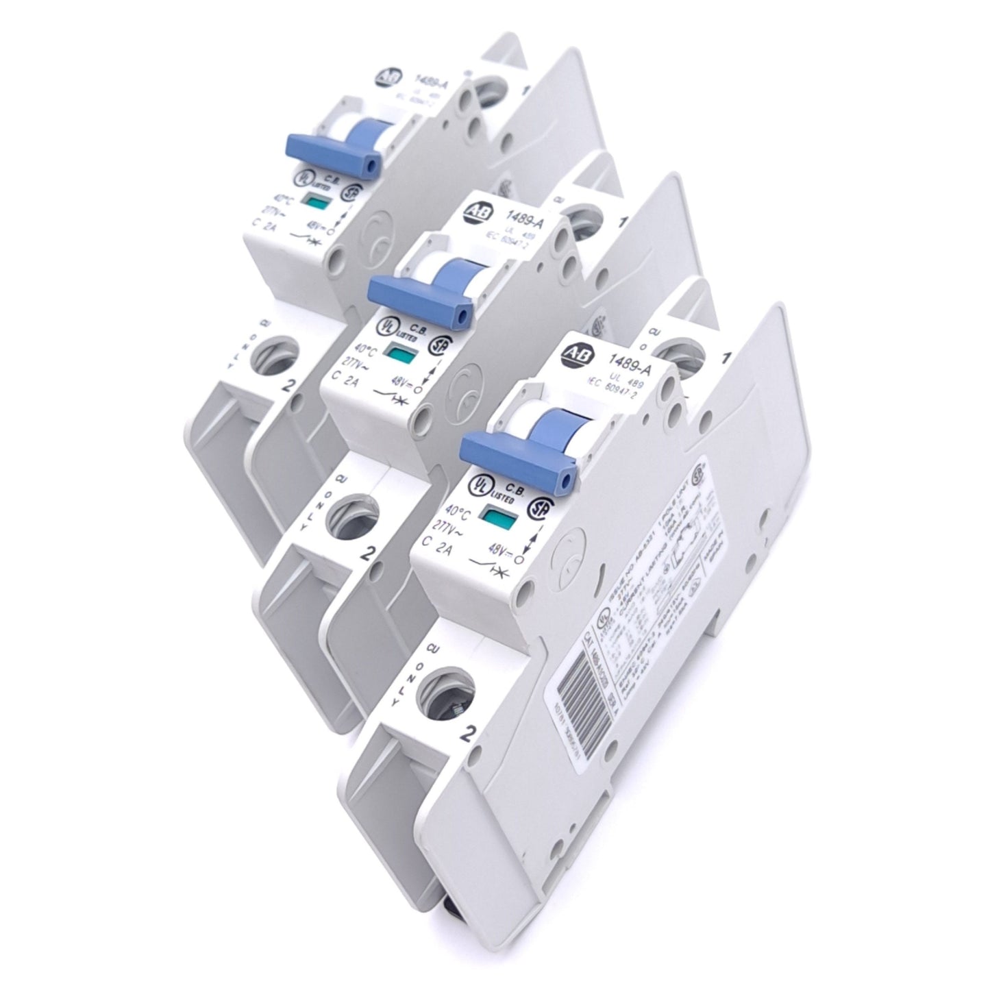 Used Lot of 3 Allen Bradley 1489-A1C020 Circuit Breakers, 1-Pole, 2A, 277VAC/48VDC