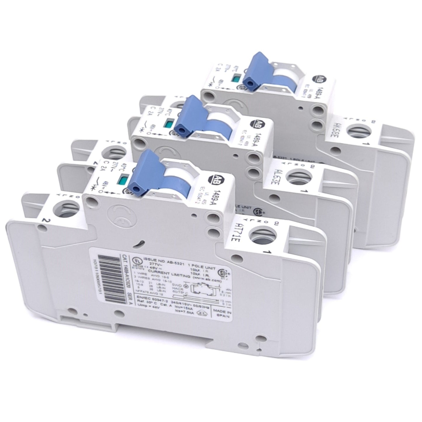 Used Lot of 3 Allen Bradley 1489-A1C020 Circuit Breakers, 1-Pole, 2A, 277VAC/48VDC