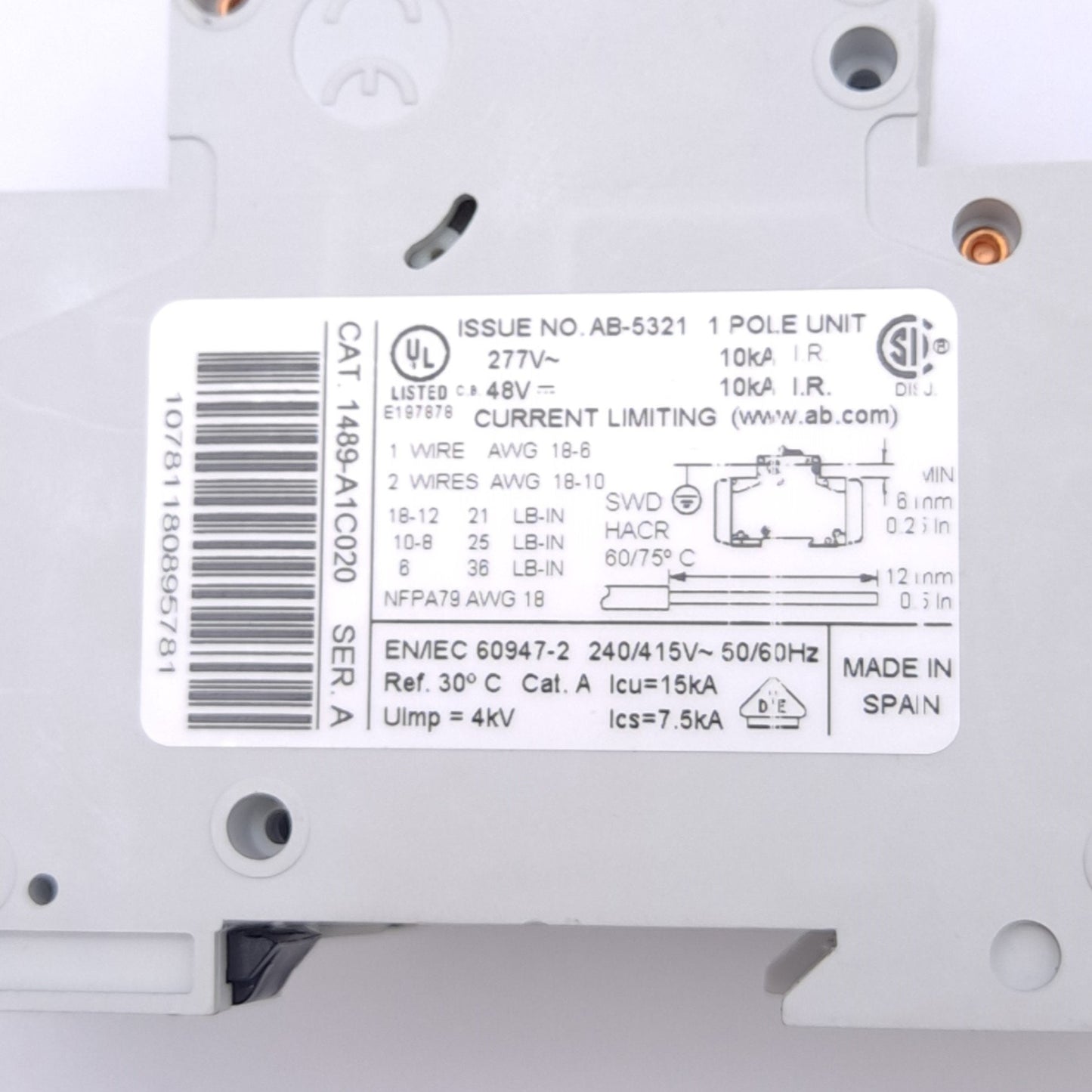 Used Lot of 3 Allen Bradley 1489-A1C020 Circuit Breakers, 1-Pole, 2A, 277VAC/48VDC