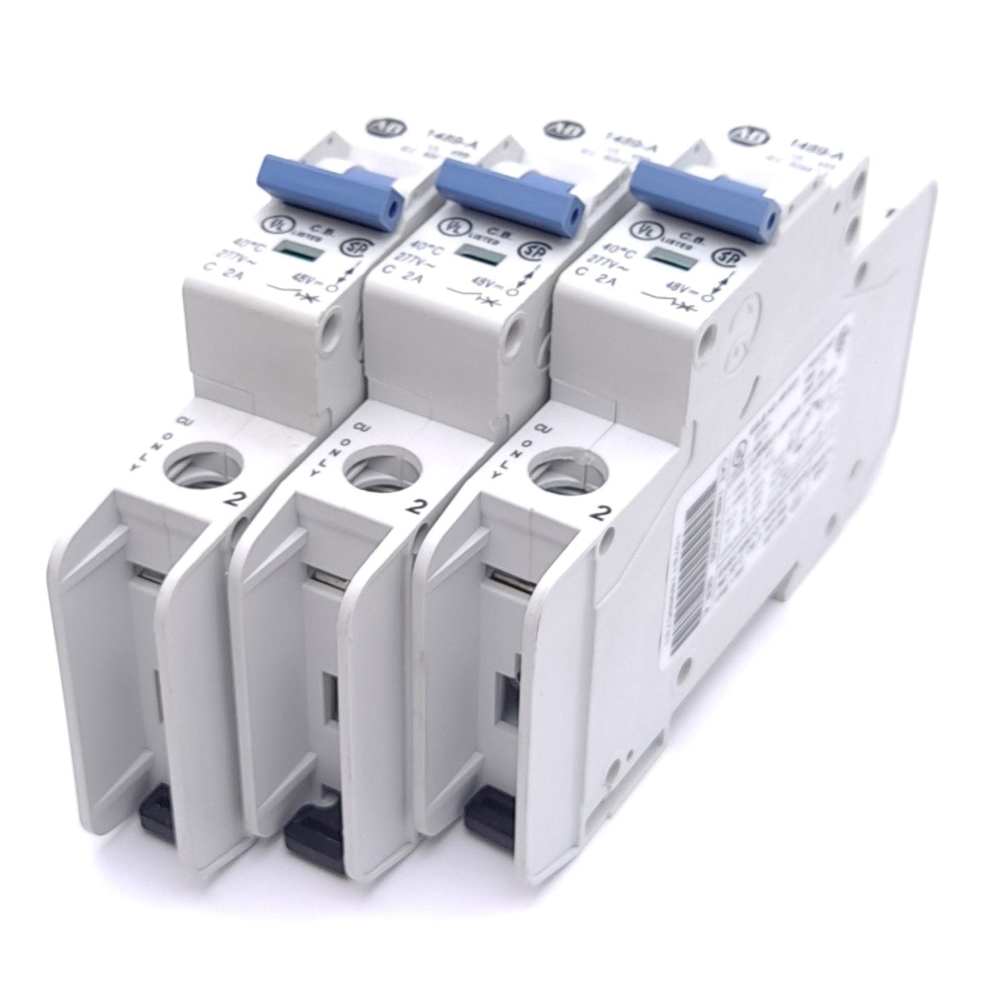 Used Lot of 3 Allen Bradley 1489-A1C020 Circuit Breakers, 1-Pole, 2A, 277VAC/48VDC