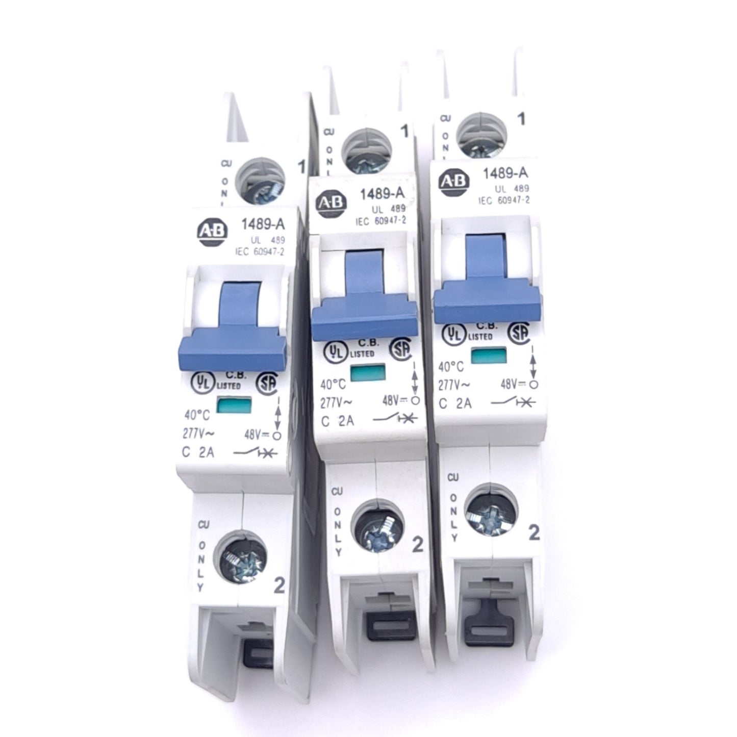 Used Lot of 3 Allen Bradley 1489-A1C020 Circuit Breakers, 1-Pole, 2A, 277VAC/48VDC