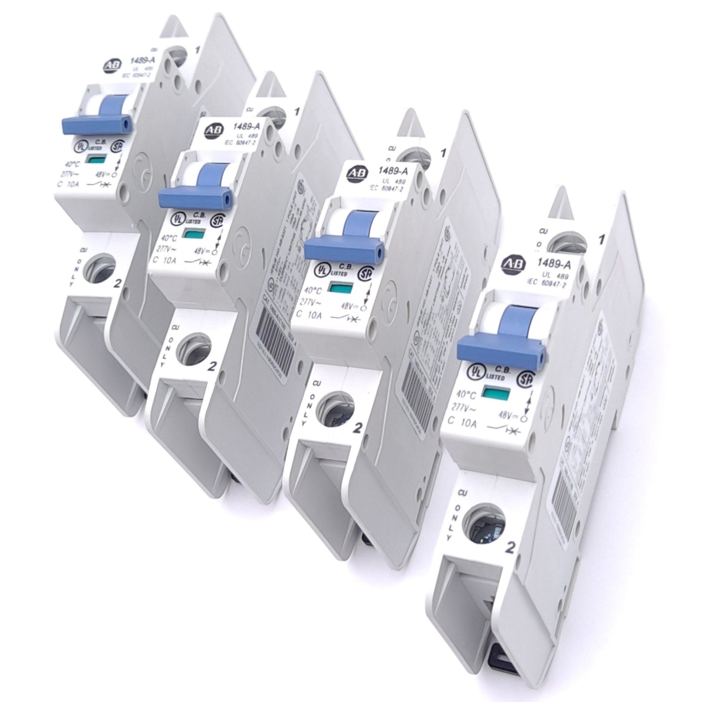 Used Lot of 4 Allen Bradley 1489-A1C100 Circuit Breakers, 1-Pole, 10A, 277VAC/48VDC