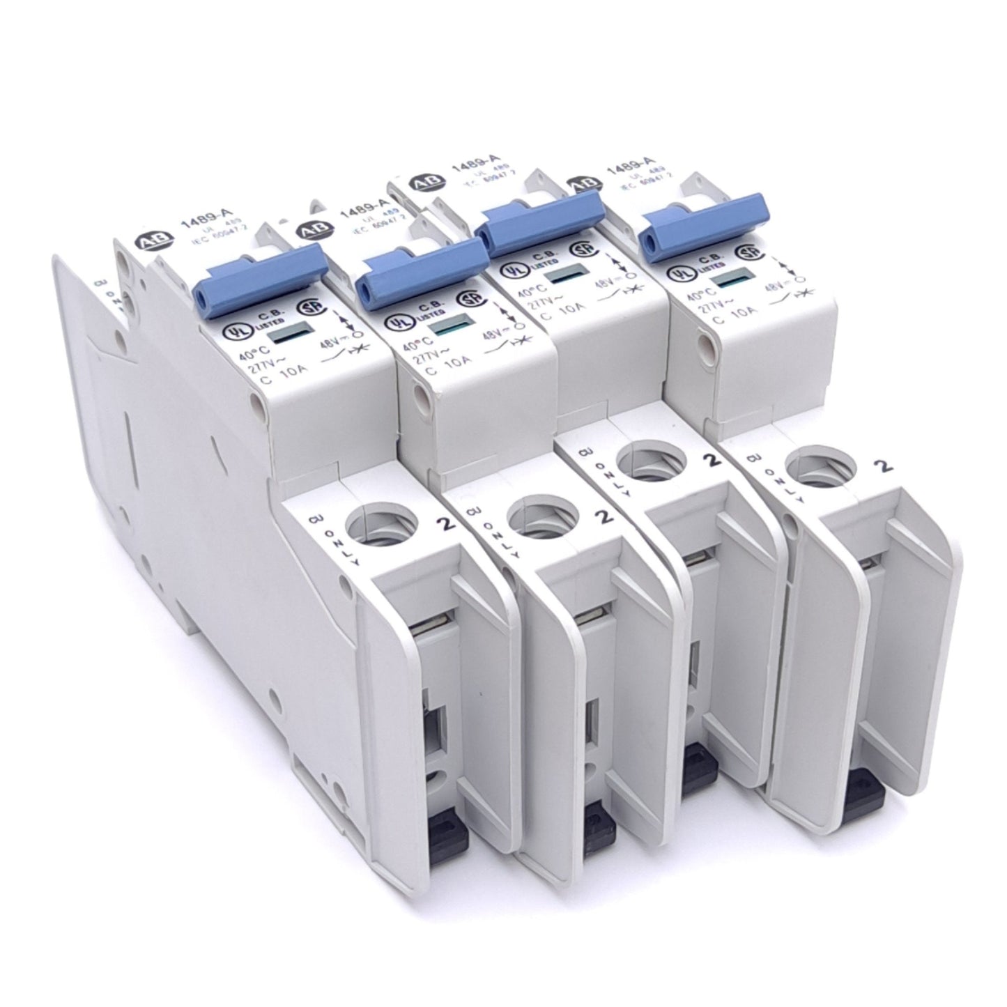 Used Lot of 4 Allen Bradley 1489-A1C100 Circuit Breakers, 1-Pole, 10A, 277VAC/48VDC