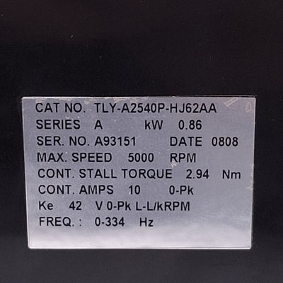 Used Allen Bradley TLY-A2540P-HJ62AA Servo Motor, 0.86kW, 2.94Nm, 5000RPM, NEMA 34