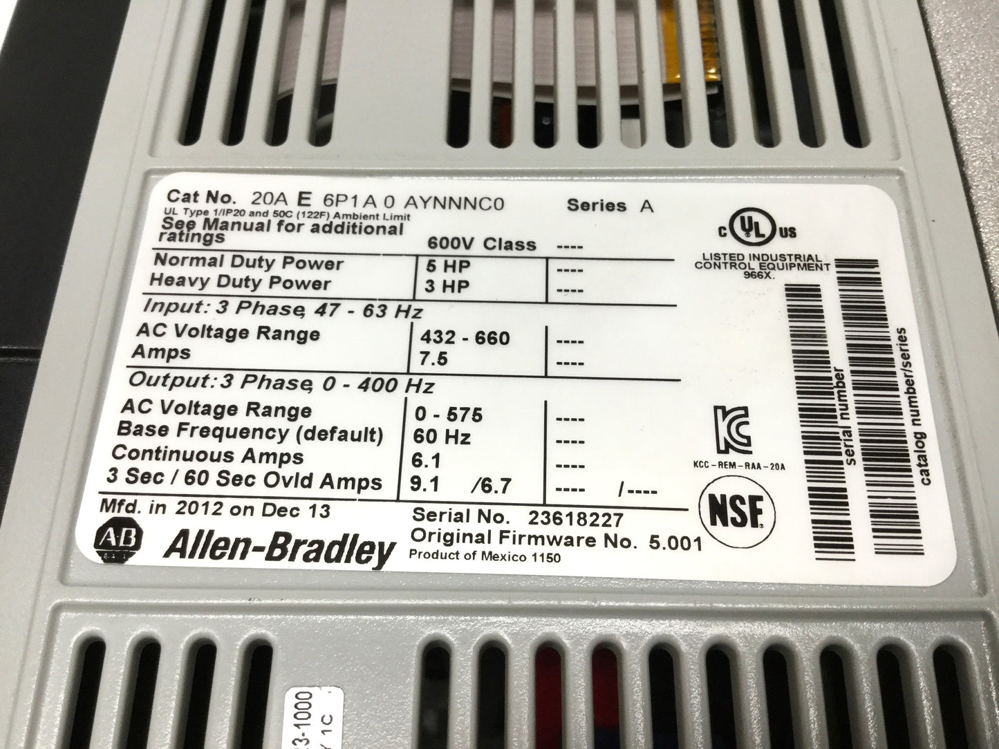 New – Open box Allen Bradley 20A-E-6P1 PowerFlex 70 AC Variable Frequency Drive VFD 5HP 600V 3Ø
