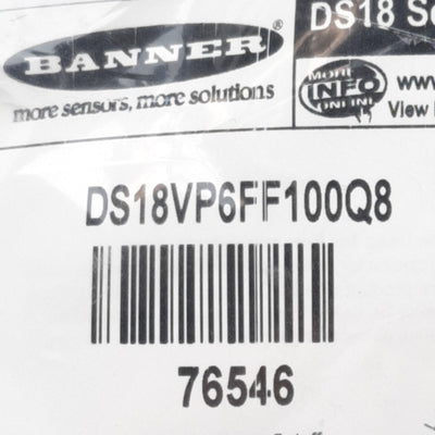 New Banner DS18VP6FF100Q8 Photoelectric Sensor PNP, 10-30VDC, M12 4-Pin, 100mm Range