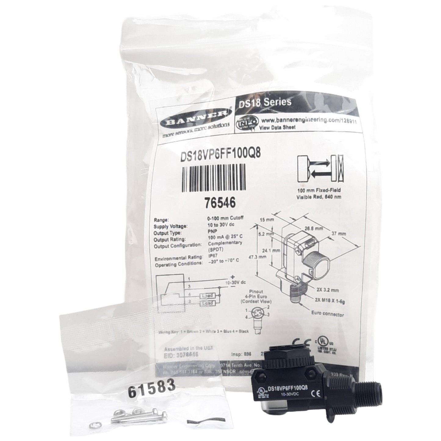 New Banner DS18VP6FF100Q8 Photoelectric Sensor PNP, 10-30VDC, M12 4-Pin, 100mm Range