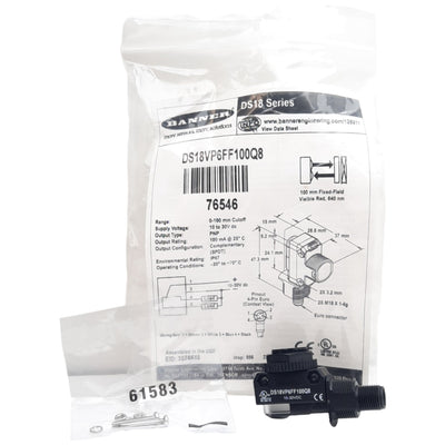 New Banner DS18VP6FF100Q8 Photoelectric Sensor PNP, 10-30VDC, M12 4-Pin, 100mm Range