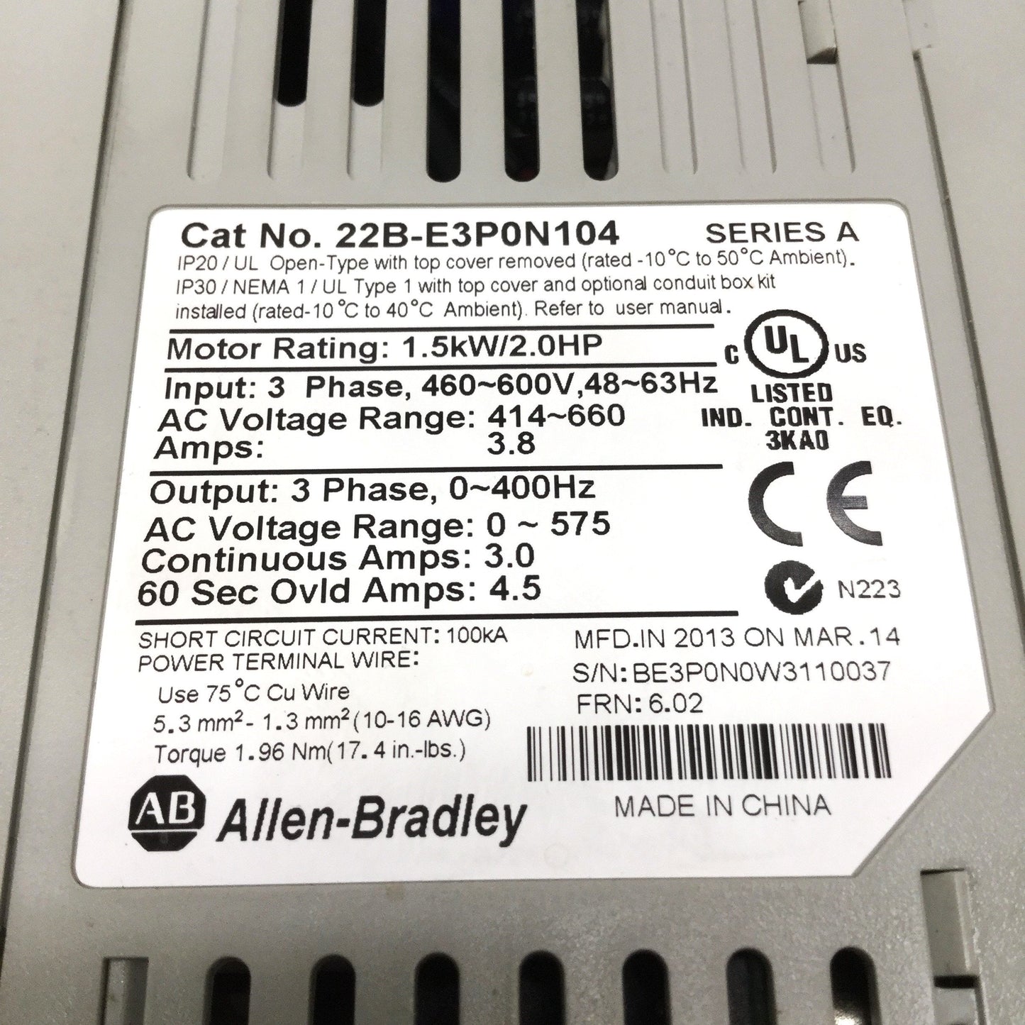 Used Allen Bradley 22B-E3P0N104 PowerFlex 40 AC Variable Frequency Drive 2HP 600V 3Ø