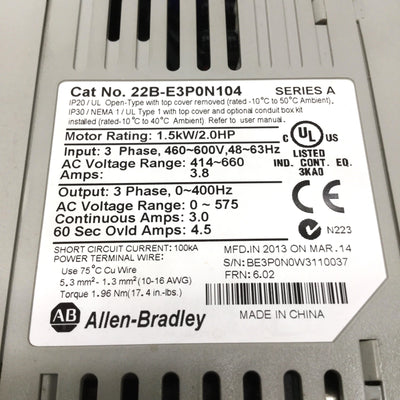 Used Allen Bradley 22B-E3P0N104 PowerFlex 40 AC Variable Frequency Drive 2HP 600V 3Ø
