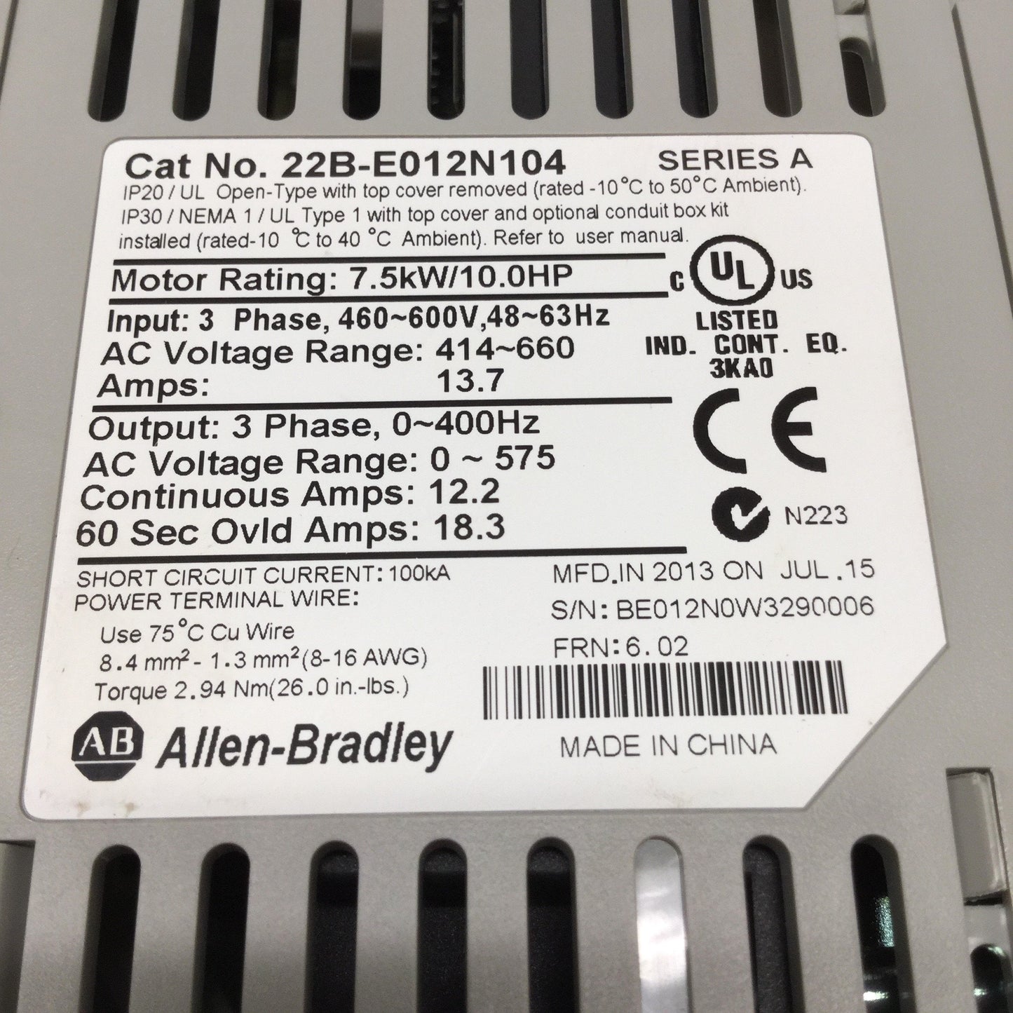 Used Allen Bradley 22B-E012N104 PowerFlex 40 AC Variable Frequency Drive 10HP 600V 3Ø