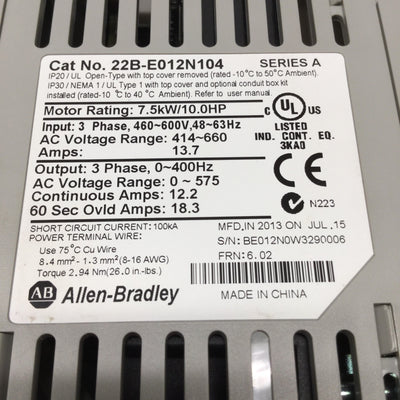 Used Allen Bradley 22B-E012N104 PowerFlex 40 AC Variable Frequency Drive 10HP 600V 3Ø