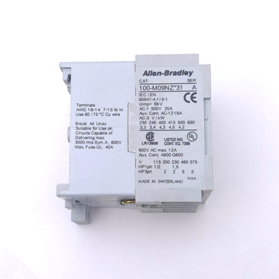 Used Allen Bradley 100-M09NZ2431 Mini Contactor, 3-Pole, 1 NC, 600VAC 12A, 24VDC Coil