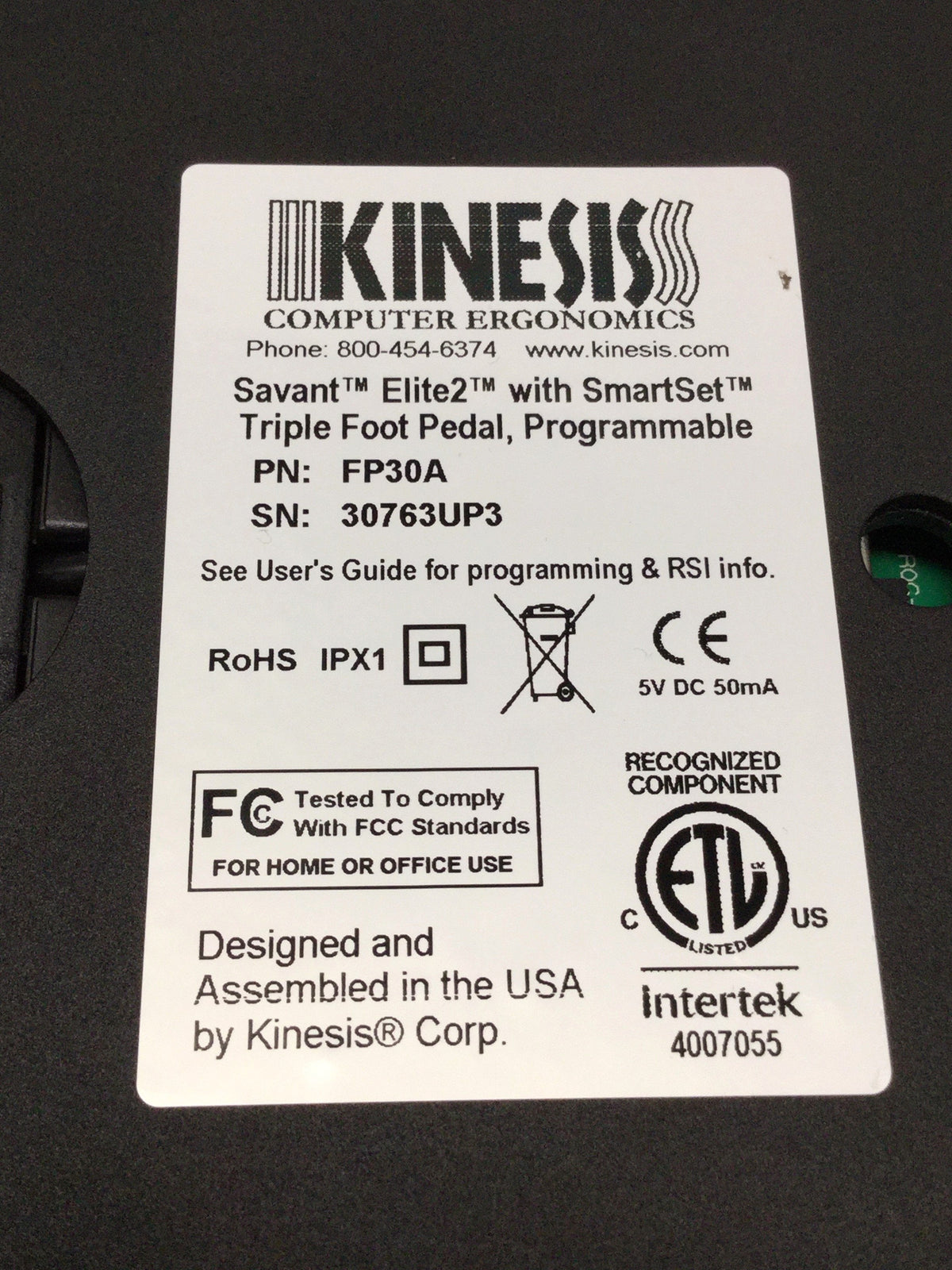 Used Kinesis FP30A Savant Elite2 Programmable SmartSet Triple Pedal Foot Switch, USB