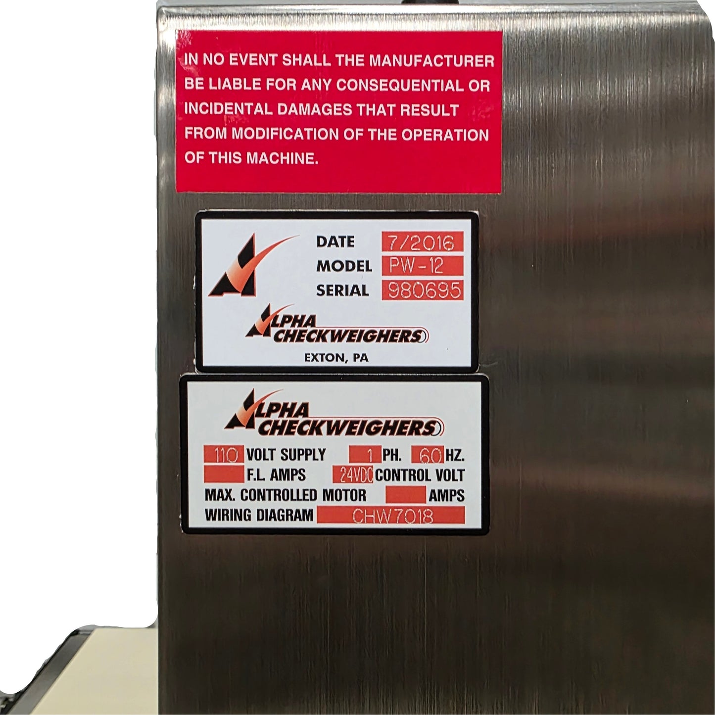 Used Alpha Checkweighers PW-12 Powered Weigh Table 220 Packs/min, 2730g Max, 120VAC