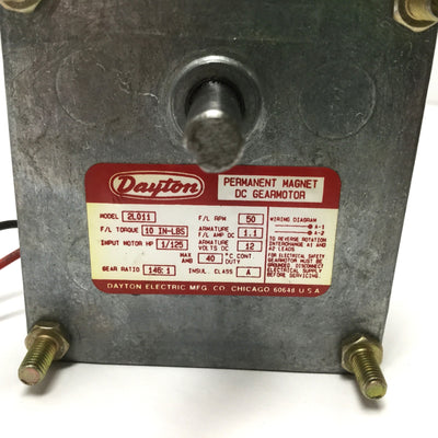Used Dayton 2L011 Permanent Magnet DC Gear Motor 12VDC, 10in-lb, 146:1 Ratio, 50RPM