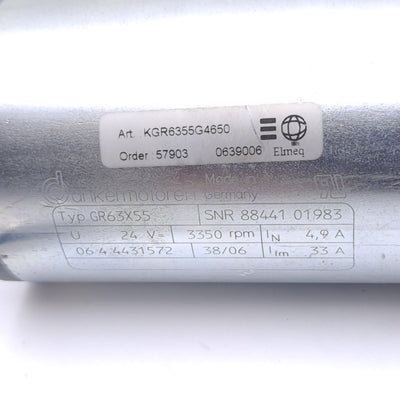 Used Dunkermotoren GR63X55 Motor, 3350 RPM Max, 24VDC 4.9A, ø8mm Shaft, 0.27Nm Torque
