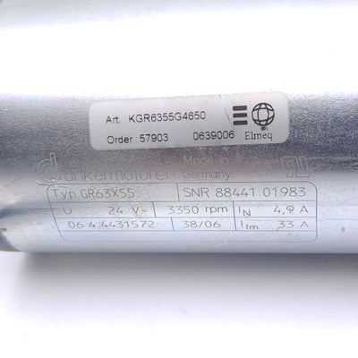 Used Dunkermotoren GR63X55 Motor, 3350 RPM Max, 24VDC 4.9A, ø8mm Shaft, 0.27Nm Torque