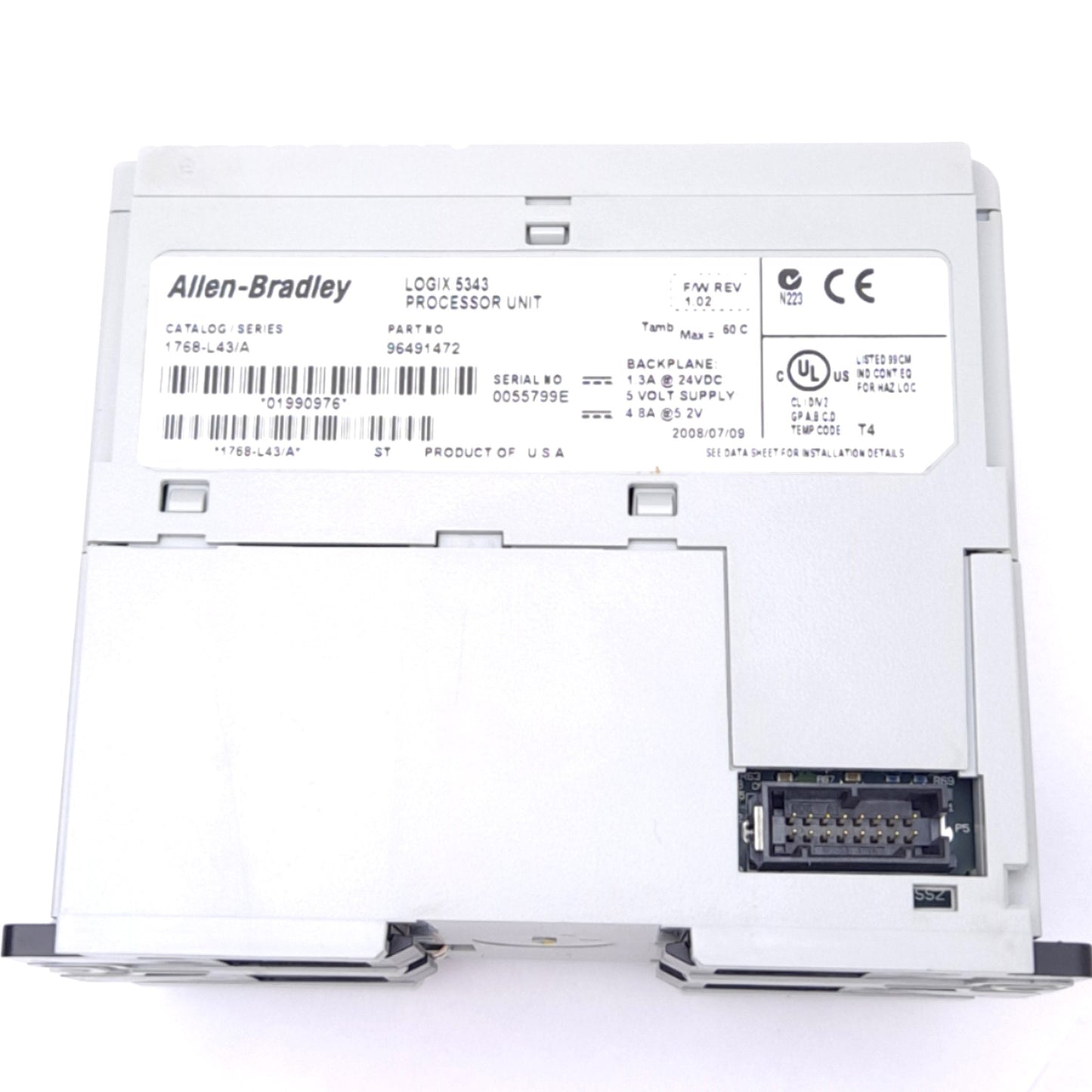 Used Allen Bradley 1768-L43/A 96491472 CompactLogix PLC Processor, 24VDC, 2MB, No Key