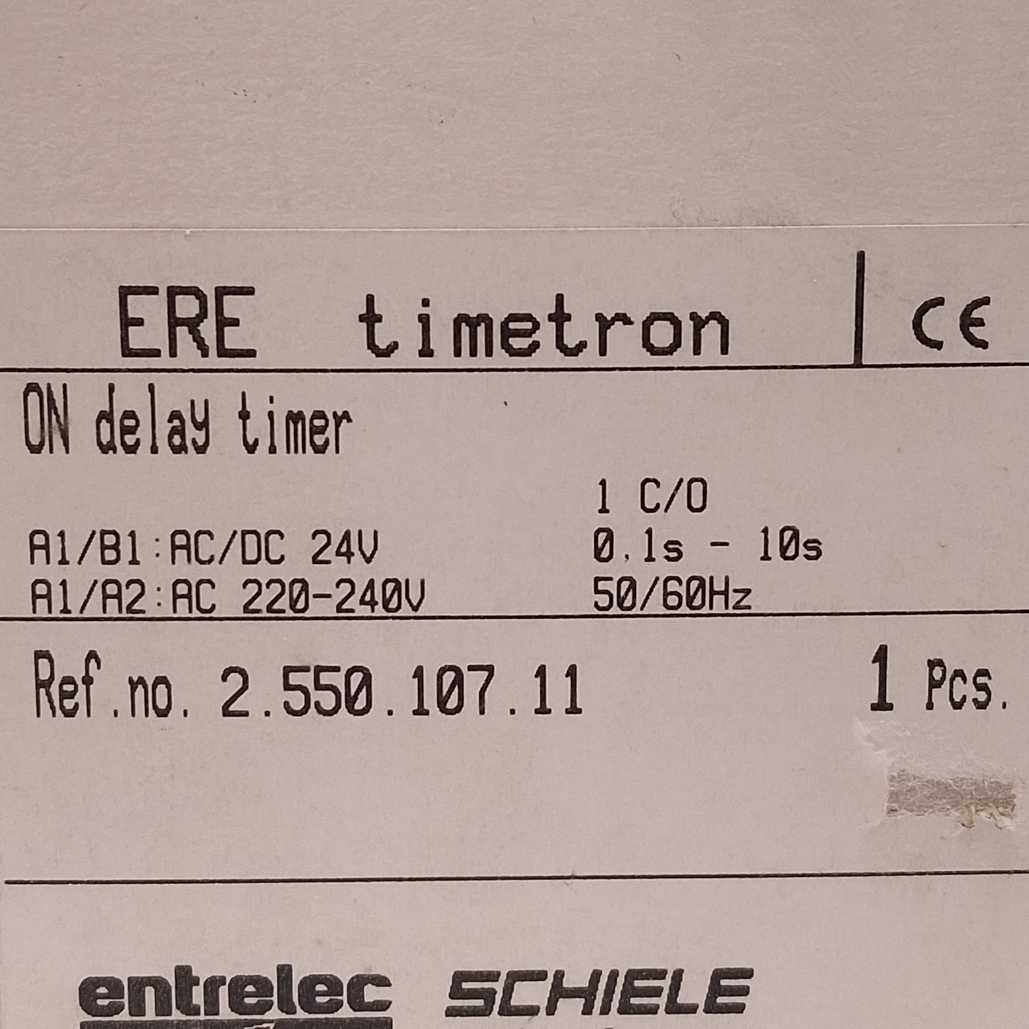 New Schiele Ere 2.550.107.11 On-Delay Timer Relay 0.1-10s 1CO 24VAC/DC 220-240VAC