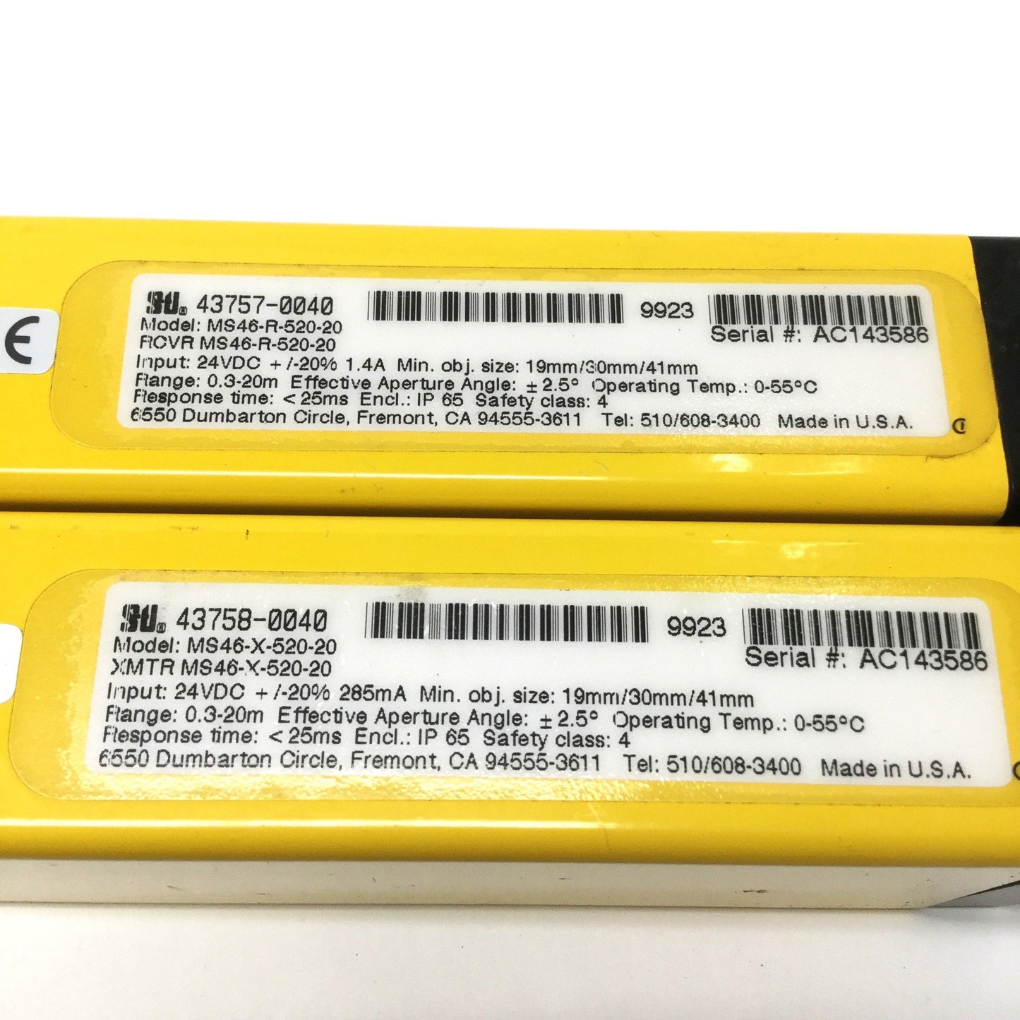 Used STI MS46-520-20 MiniSafe Light Curtain Transmitter and Receiver Set 24VDC, 520mm