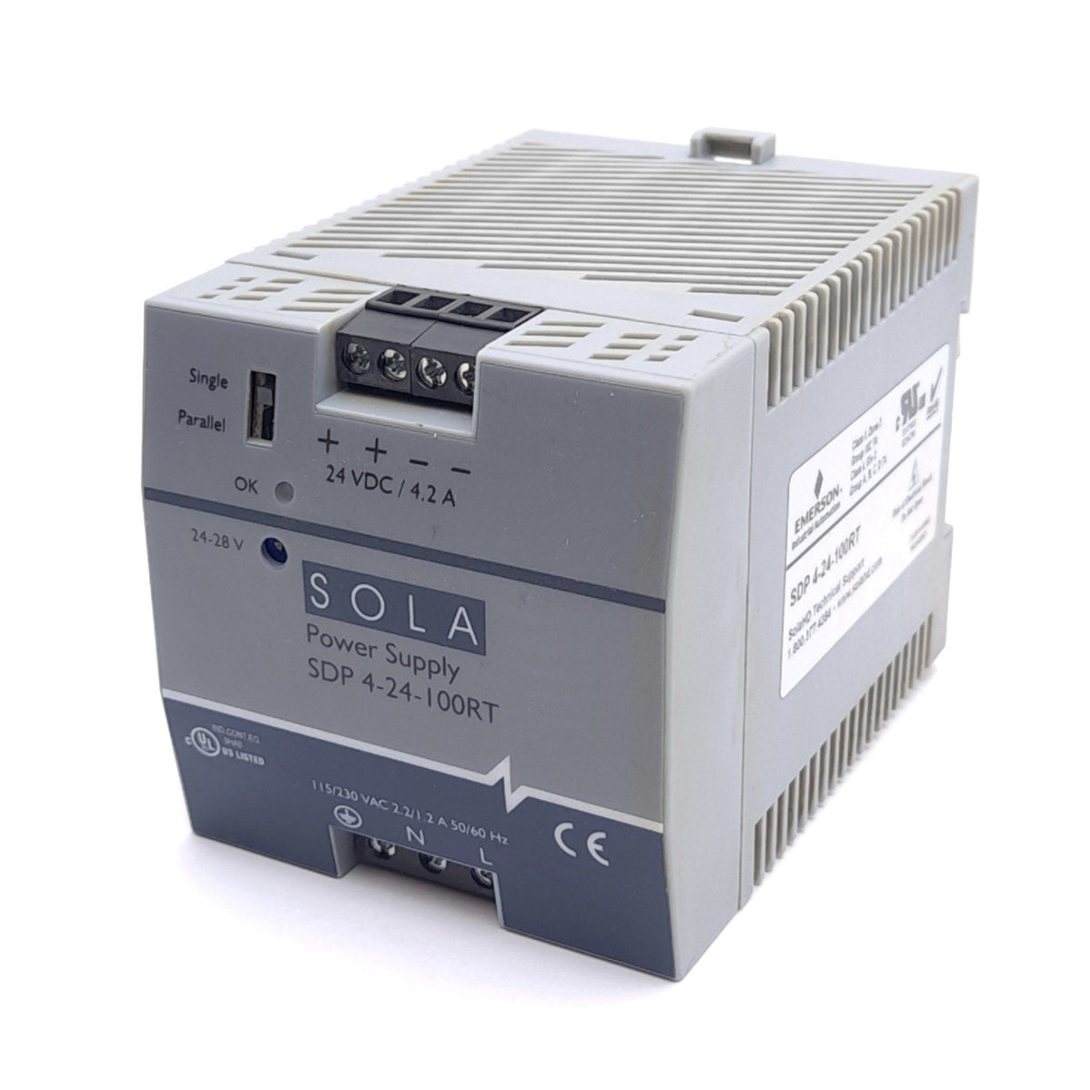 Used Sola SDP 4-24-100RT AC/DC Power Supply, 115/230VAC In, 24VDC 4.2A Out, 101W