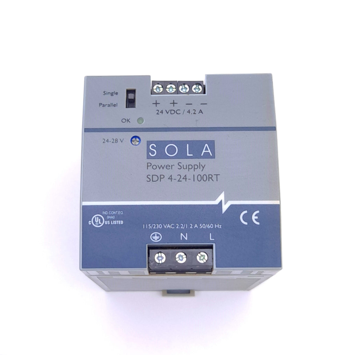 Used Sola SDP 4-24-100RT AC/DC Power Supply, 115/230VAC In, 24VDC 4.2A Out, 101W
