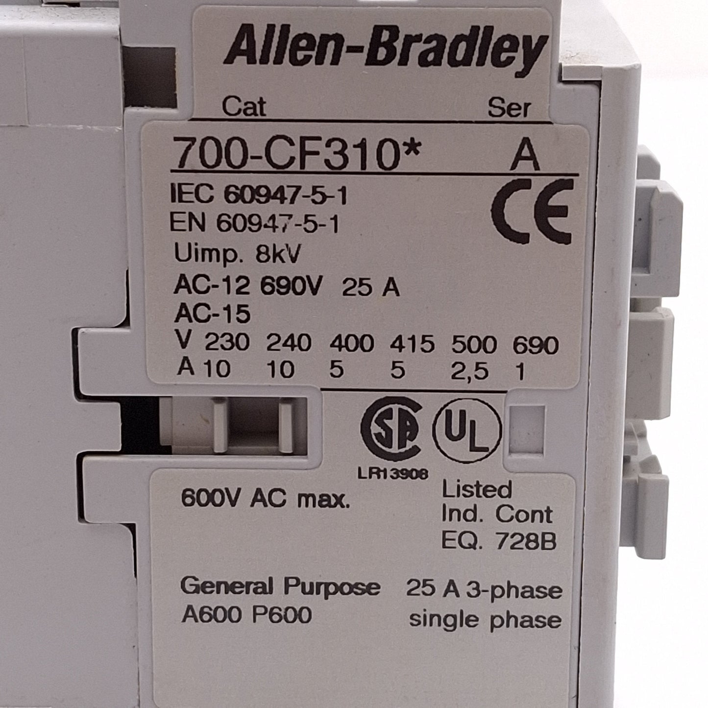 Used Allen Bradley 700-CF310KF Control Relay, 4-Pole, 690VAC 25A 3NO+1NC, 230VAC Coil
