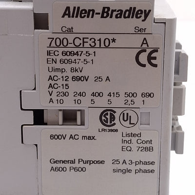 Used Allen Bradley 700-CF310KF Control Relay, 4-Pole, 690VAC 25A 3NO+1NC, 230VAC Coil
