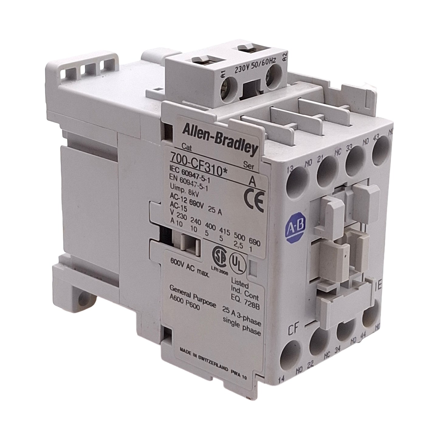 Used Allen Bradley 700-CF310KF Control Relay, 4-Pole, 690VAC 25A 3NO+1NC, 230VAC Coil