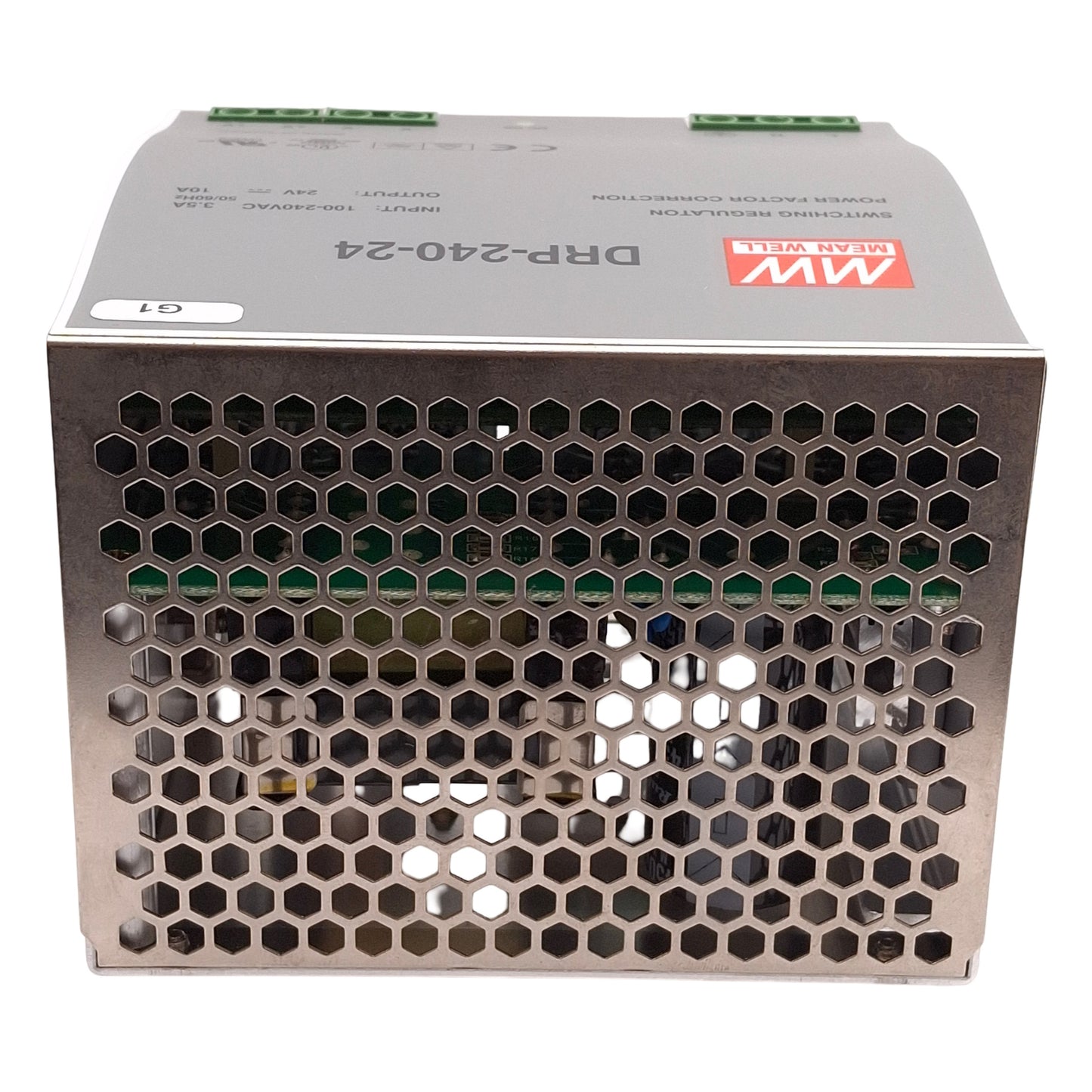Used Mean Well DRP-240-24 PLC Power Supply, 100-240VAC Input, 24VDC Output, DIN Rail