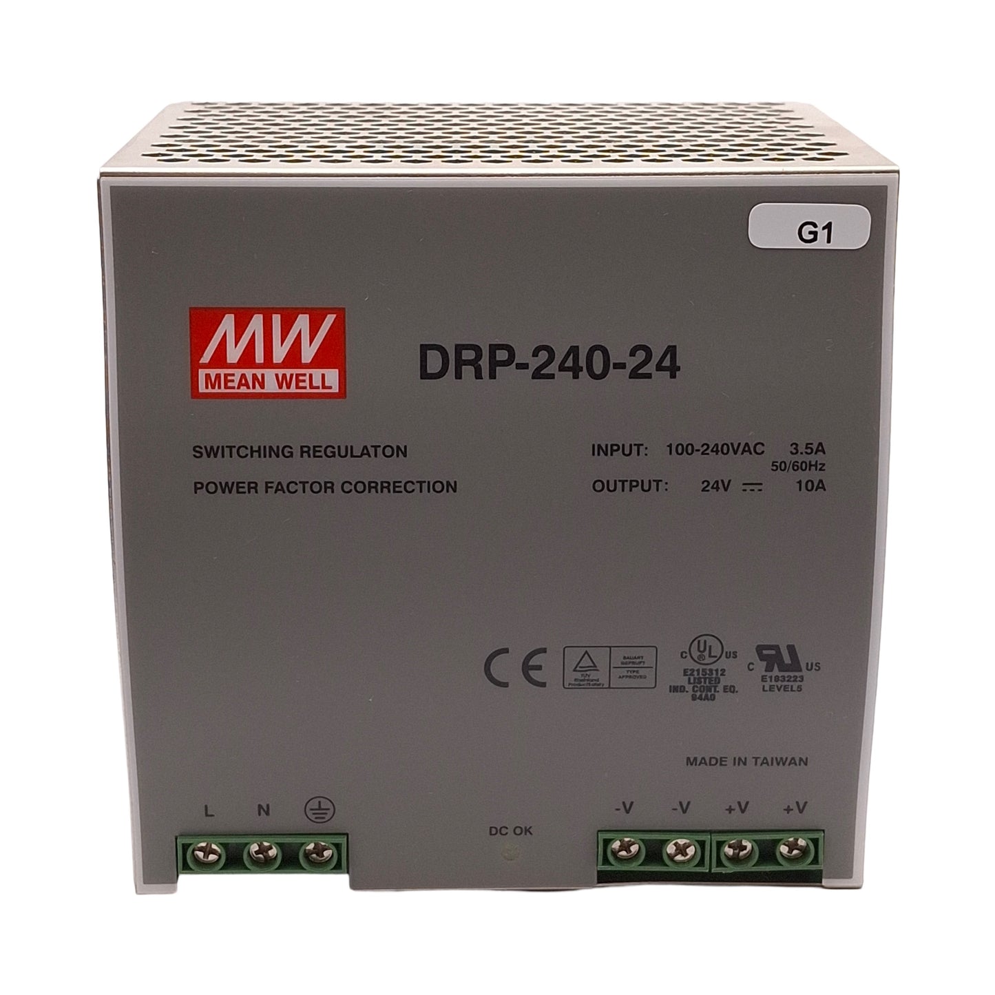 Used Mean Well DRP-240-24 PLC Power Supply, 100-240VAC Input, 24VDC Output, DIN Rail