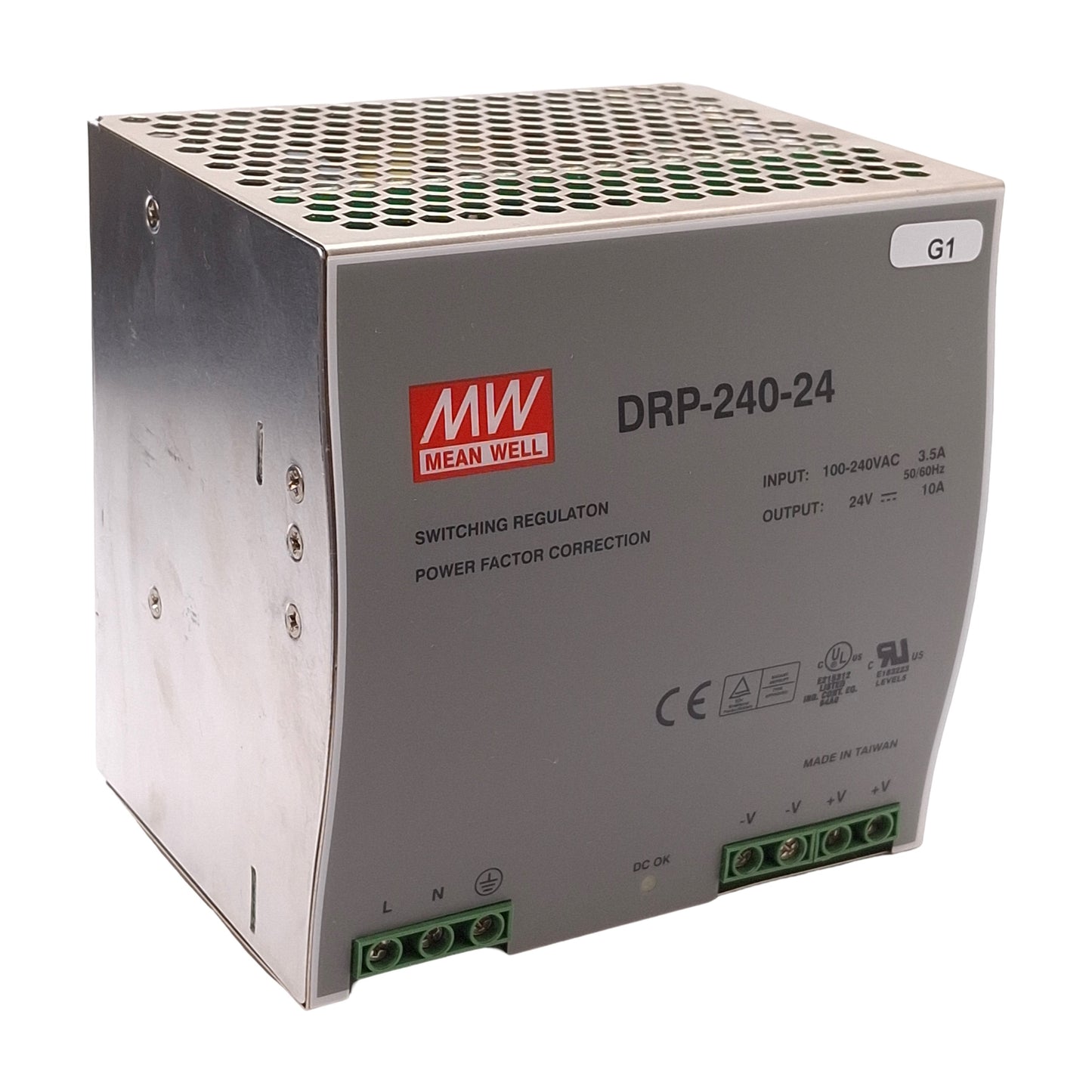 Used Mean Well DRP-240-24 PLC Power Supply, 100-240VAC Input, 24VDC Output, DIN Rail