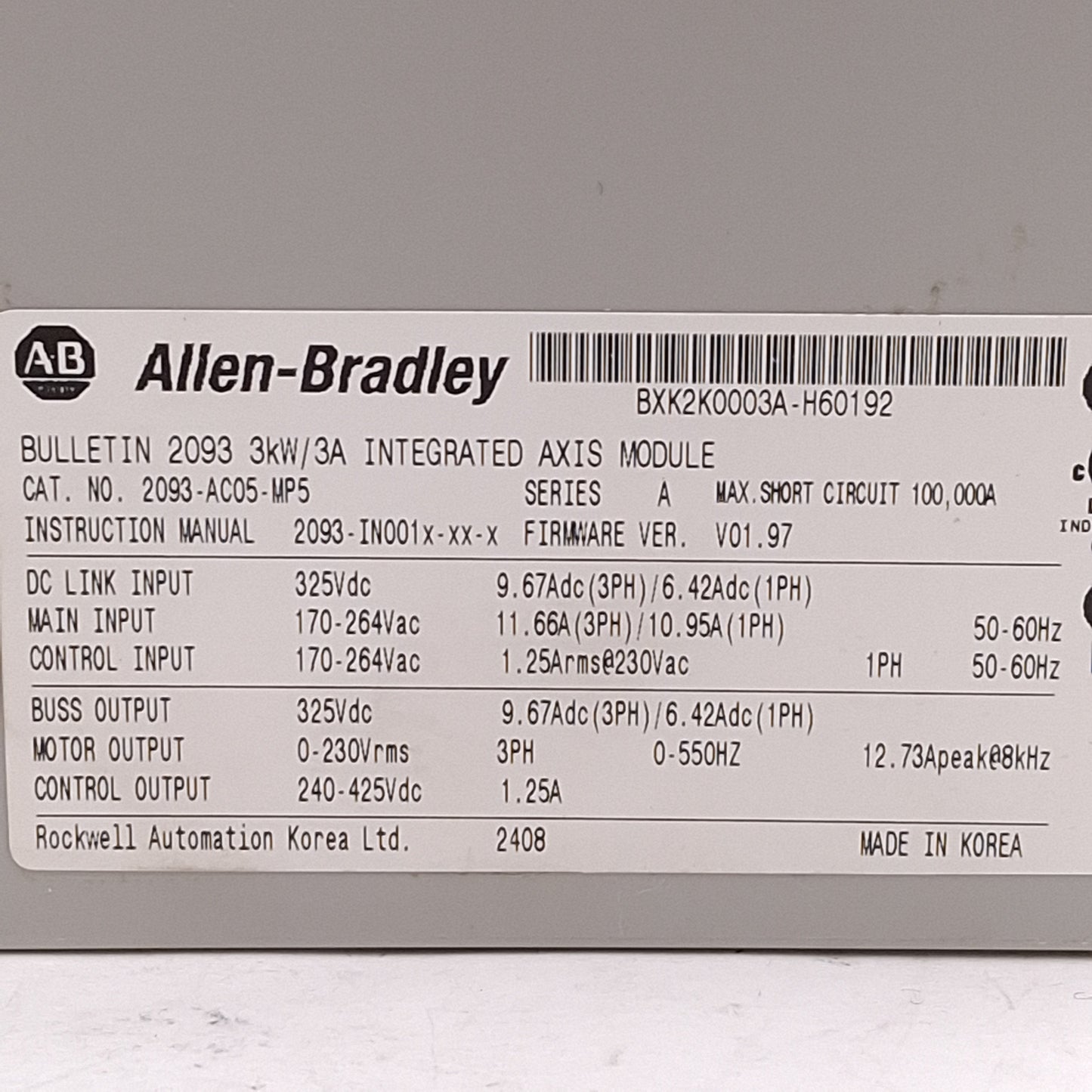 Used Allen Bradley 2093-AC05-MP5 KINETIX 2000 Servo Drive & PSU 3kW 3A, 1/3PH 230VAC