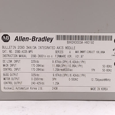 Used Allen Bradley 2093-AC05-MP5 KINETIX 2000 Servo Drive & PSU 3kW 3A, 1/3PH 230VAC