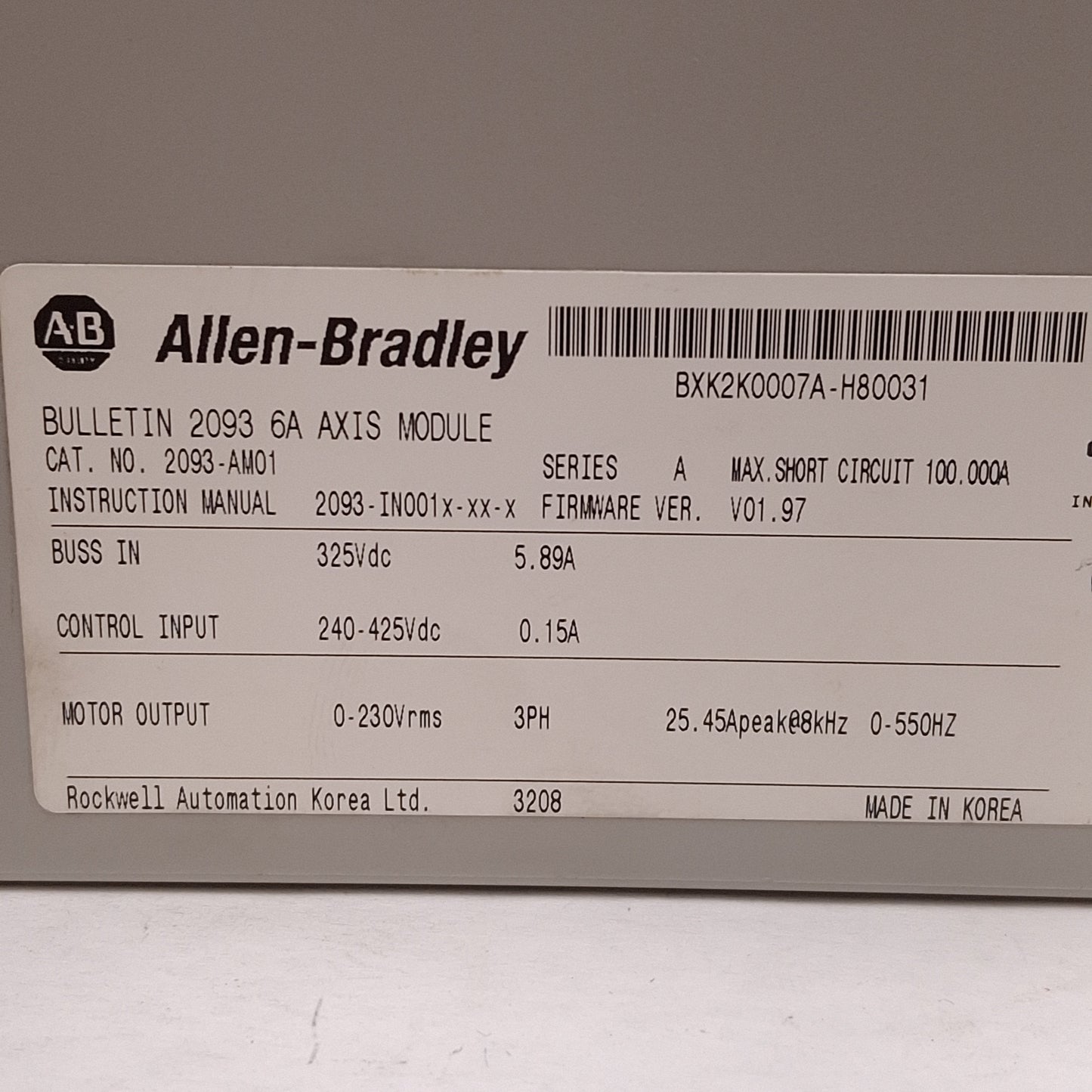 Used Allen Bradley 2093-AM01 Kinetix 2000 Servo Drive Axis Module, 1.9kW, 6A Output