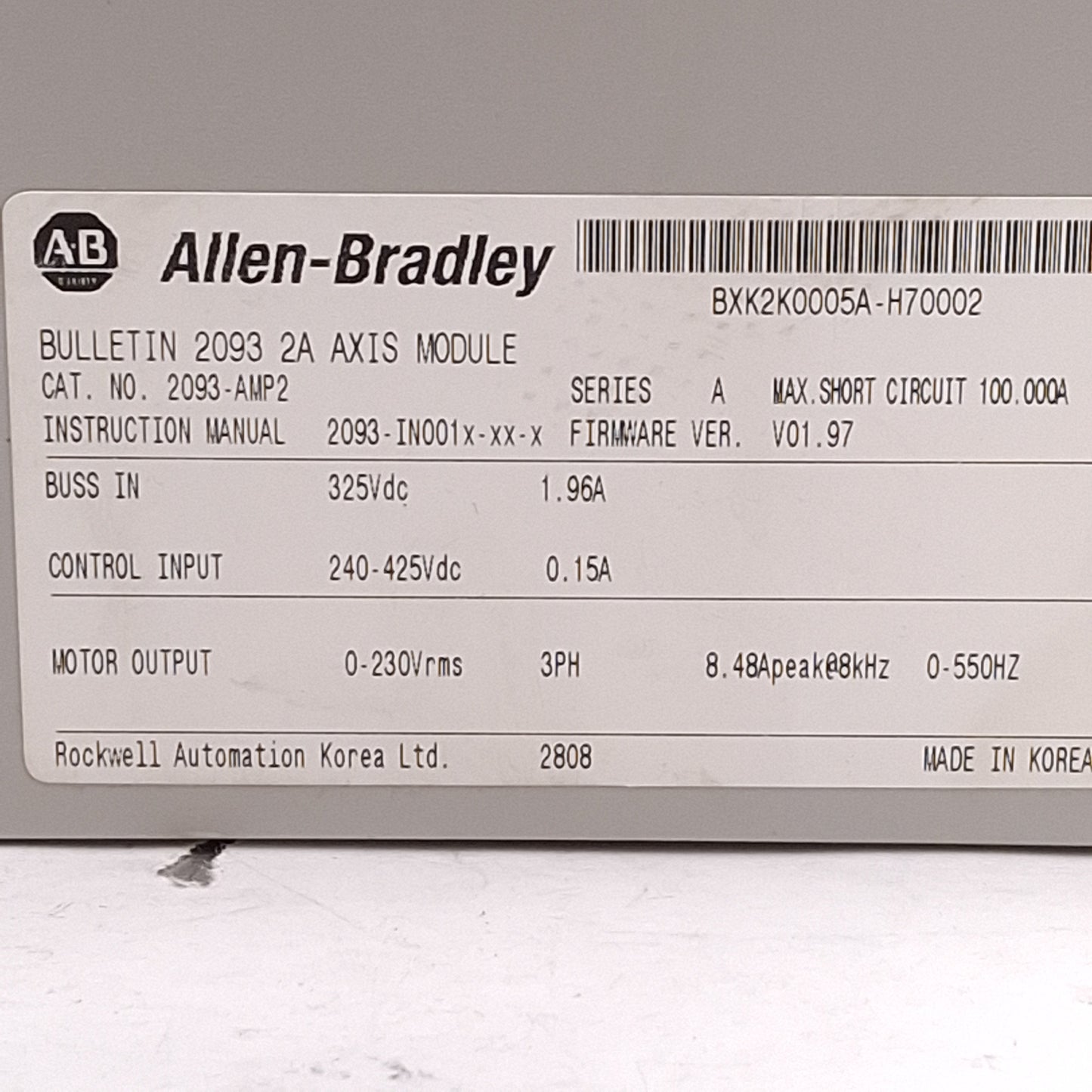 Used Allen Bradley 2093-AMP2 Kinetix 2000 Servo Drive, 1-Axis, 0.6kW, 2A Output