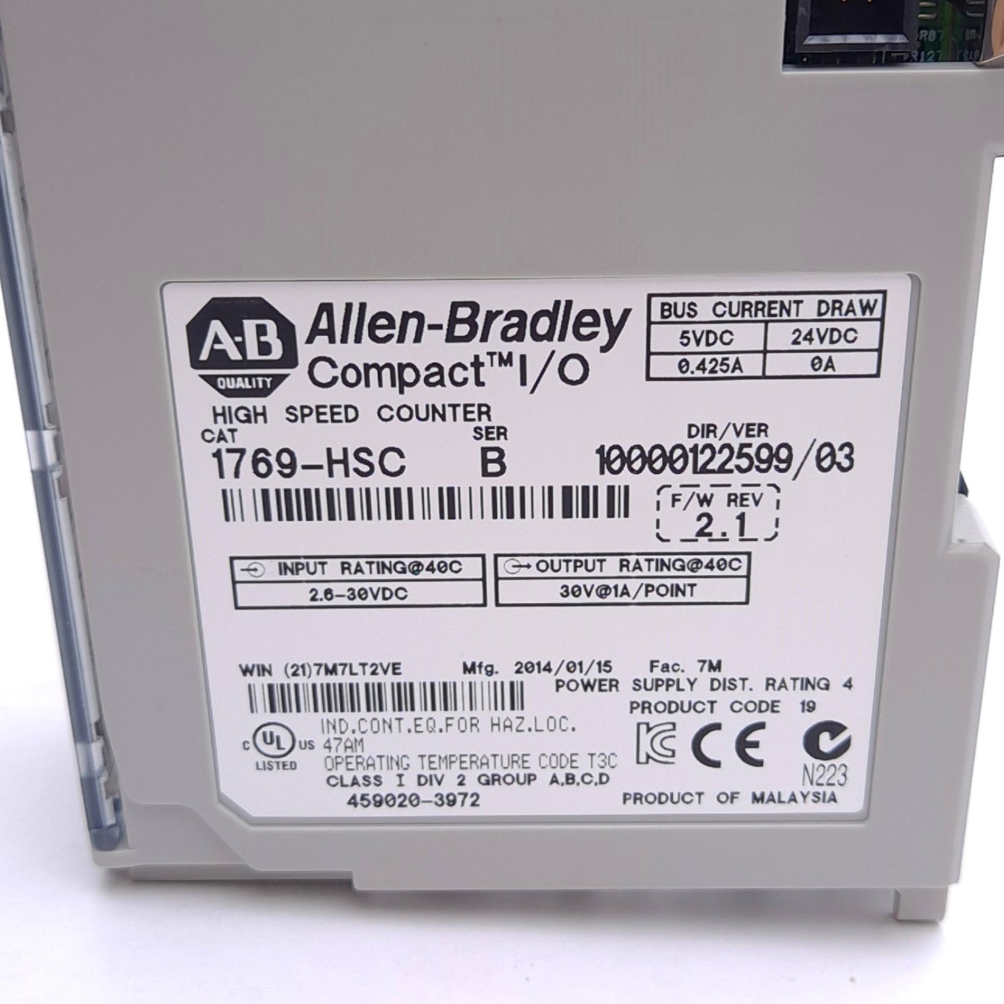 Used Allen Bradley 1769-HSC B CompactLogix High Speed Counter, 2-In 16-Out, 5-24VDC