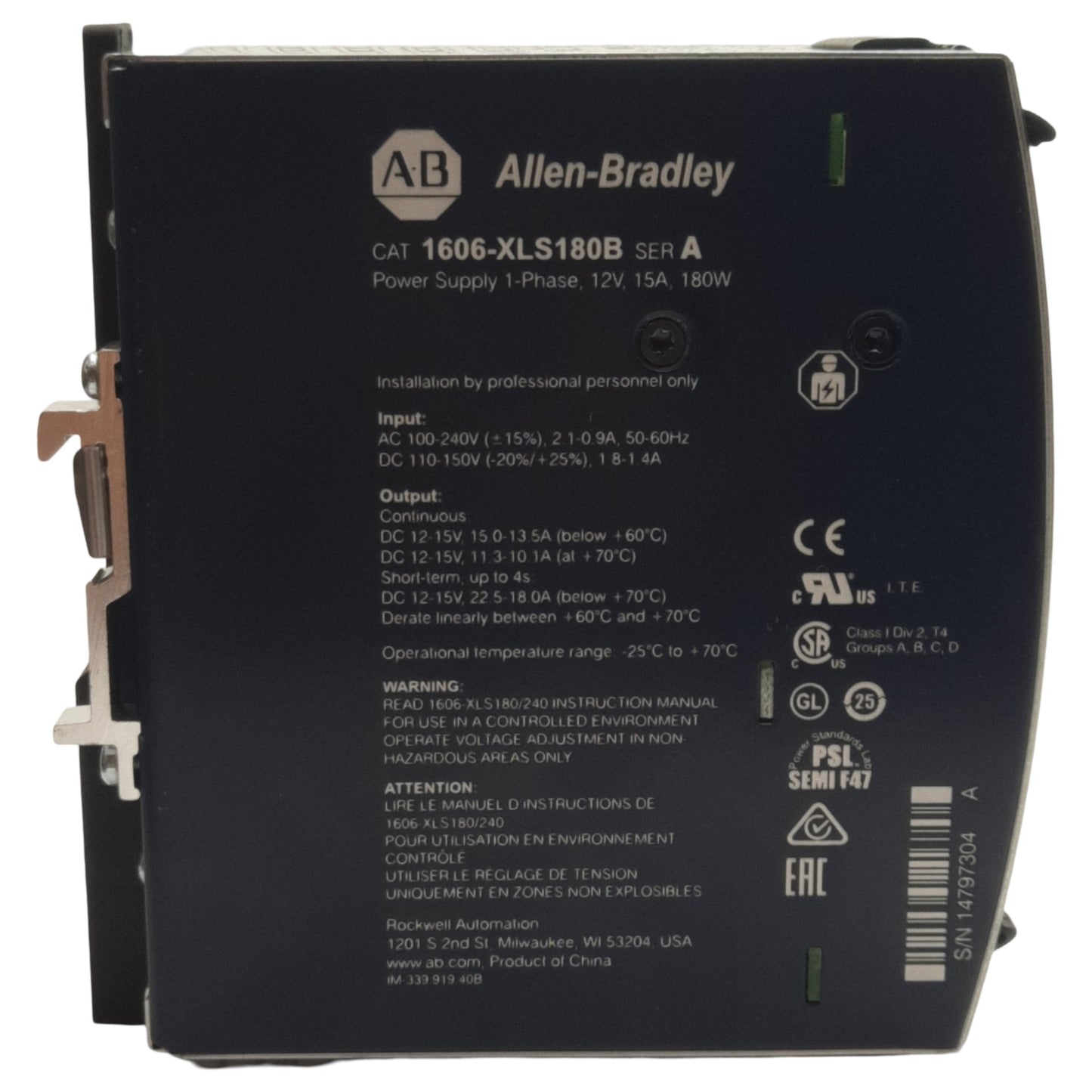 Used Allen Bradley 1606-XLS180B Power Supply 1-Phase, 240VAC/150VDC In, 15VDC 15A Out