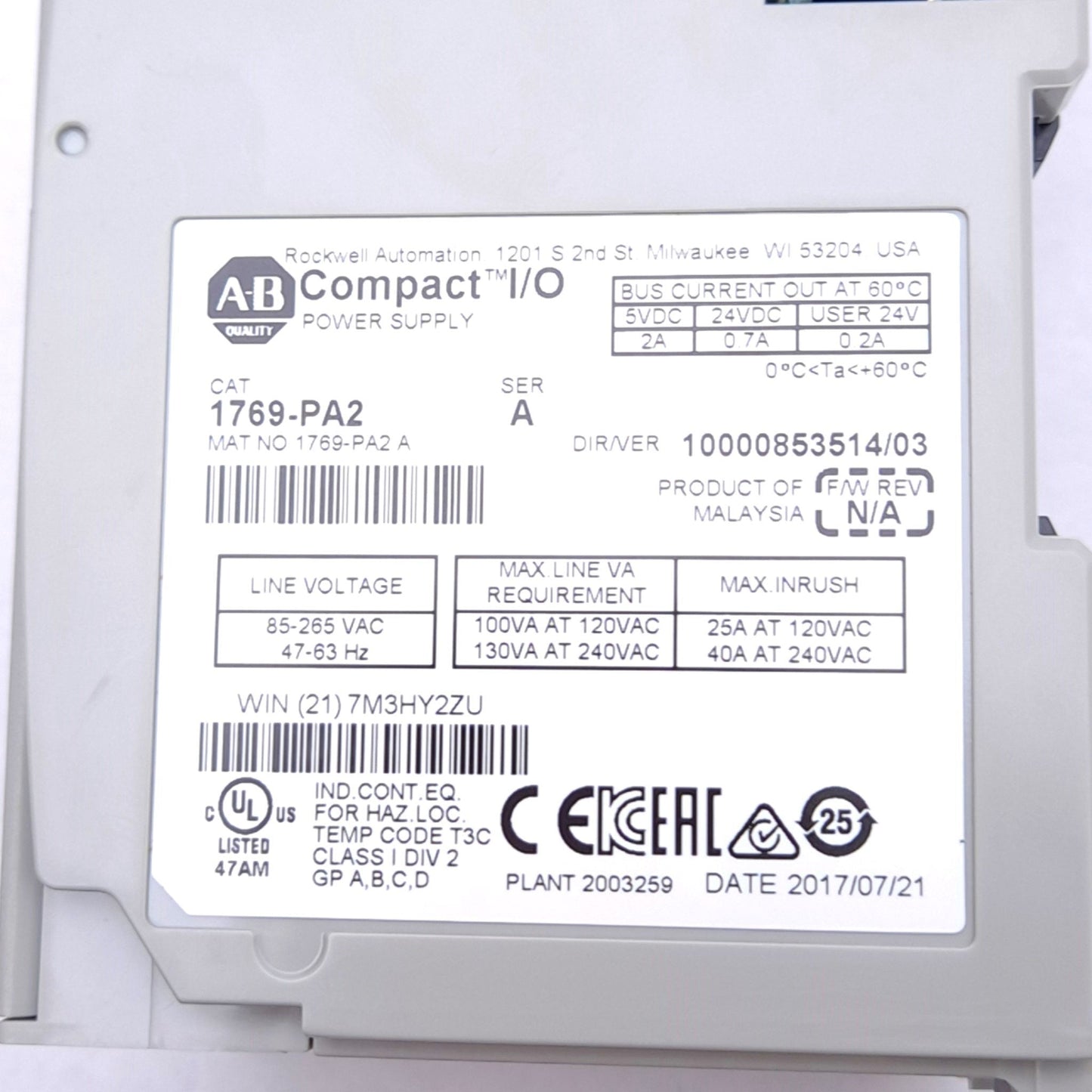 Used Allen Bradley 1769-PA2 A CompactLogix Power Supply, 120/240VAC In, 5/24VDC Out