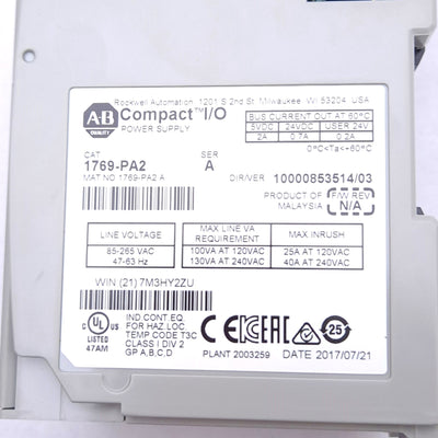 Used Allen Bradley 1769-PA2 A CompactLogix Power Supply, 120/240VAC In, 5/24VDC Out