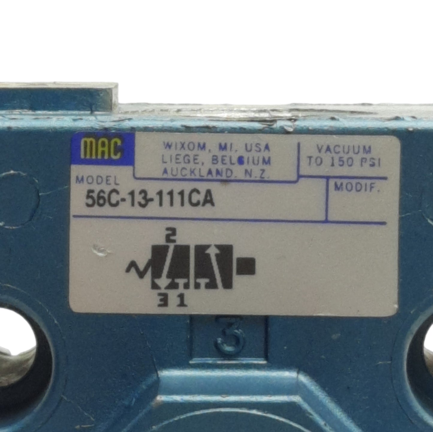 Used Mac Valves 56C-13-111CA Pneumatic Valve, 3/2 Way NC, 1/2in NPTF, *No Solenoid*