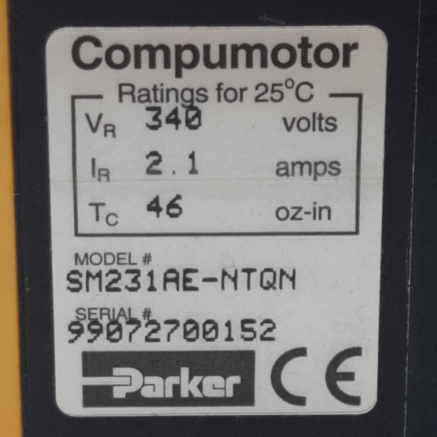 Used Parker SM231AE-NTQN Compumotor Servo Motor, 46oz-in Torque, NEMA 23, 340V 2.1A