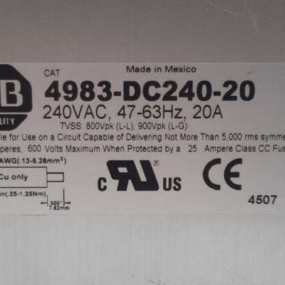 Used Allen Bradley 4983-DC240-20 Surge Suppressor Protector, 240VAC 20A, DIN Rail