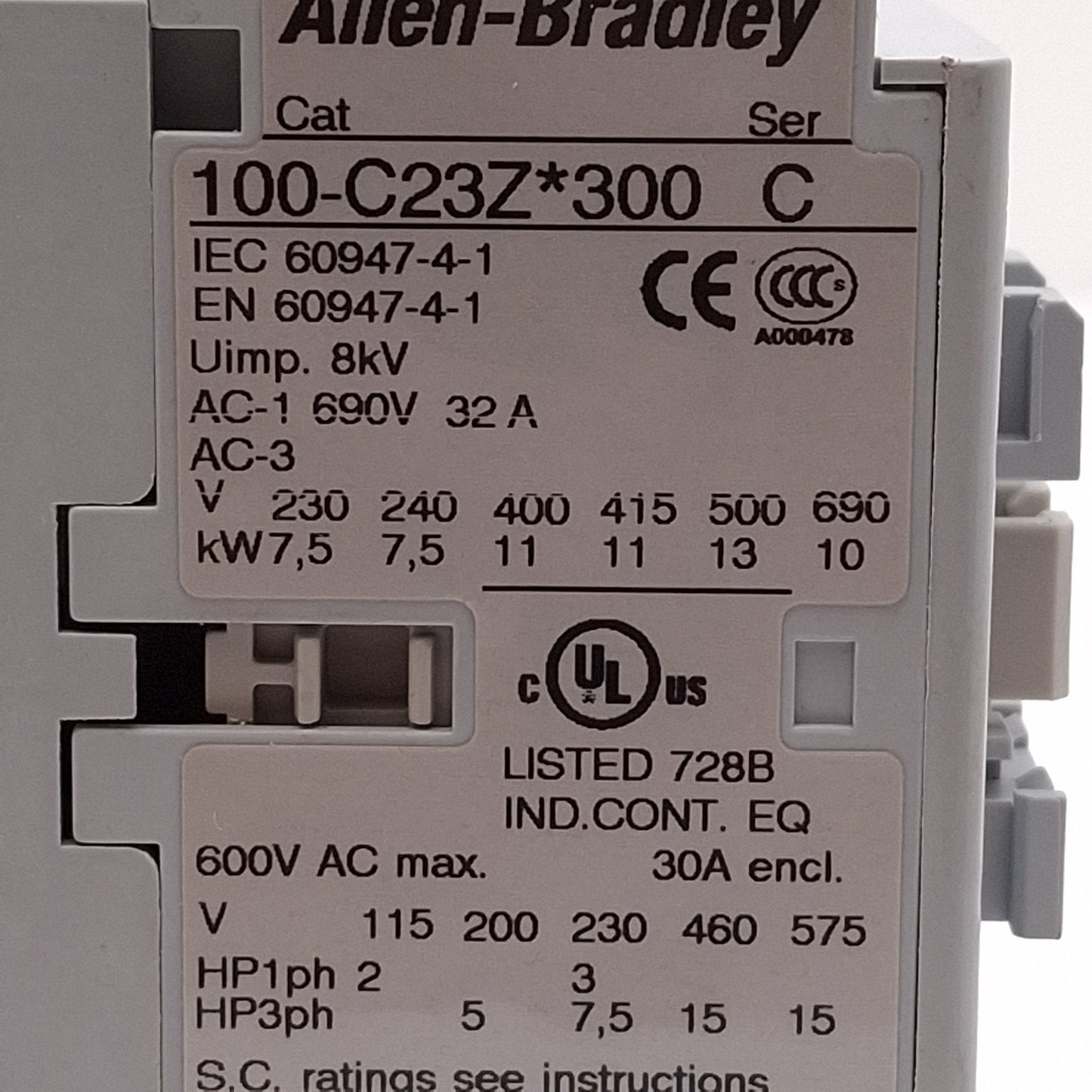 Used Allen Bradley 100-C23ZJ300 IEC Contactor, 23A, 4-Pole, 3NO+1NC, 24VDC Coil