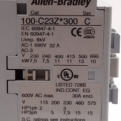 Used Allen Bradley 100-C23ZJ300 IEC Contactor, 23A, 4-Pole, 3NO+1NC, 24VDC Coil