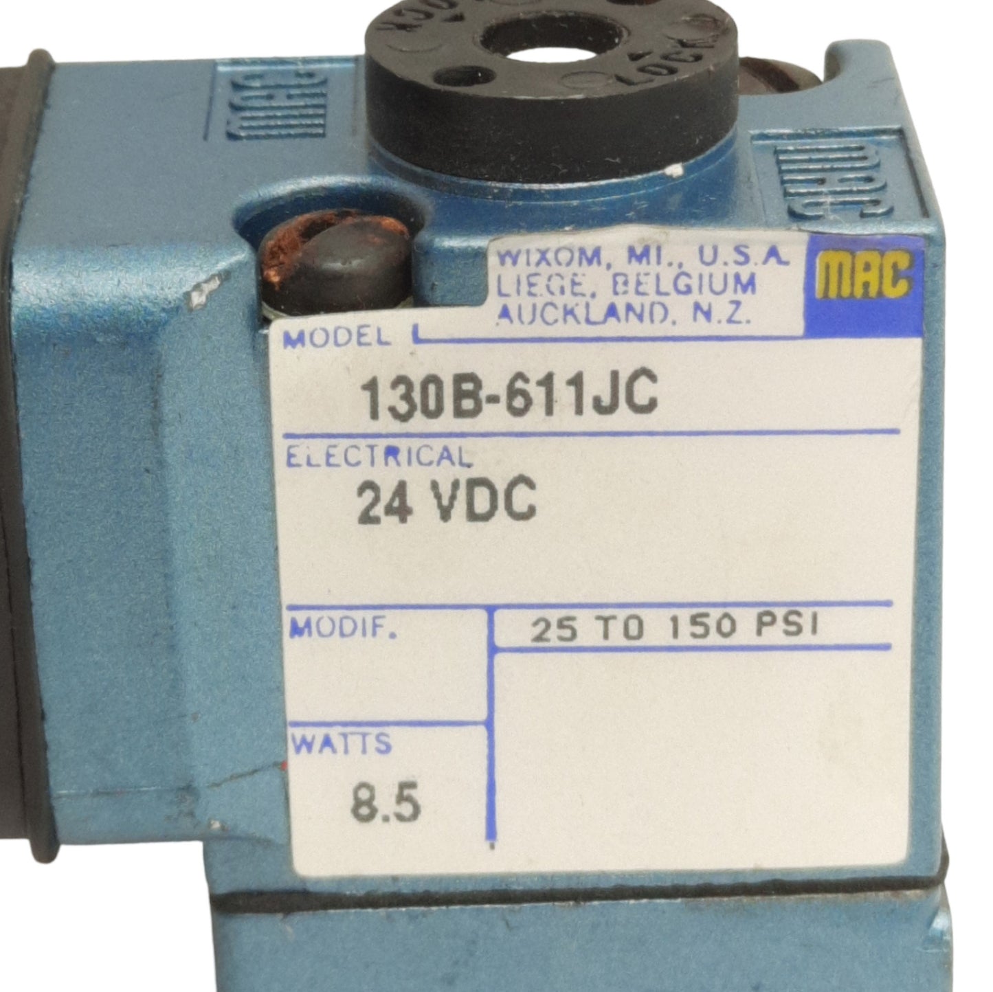 Used Mac Valves 130B-611JC Solenoid Coil, 24VDC 8.5 Watts, 18mm Form A, For 56 Series
