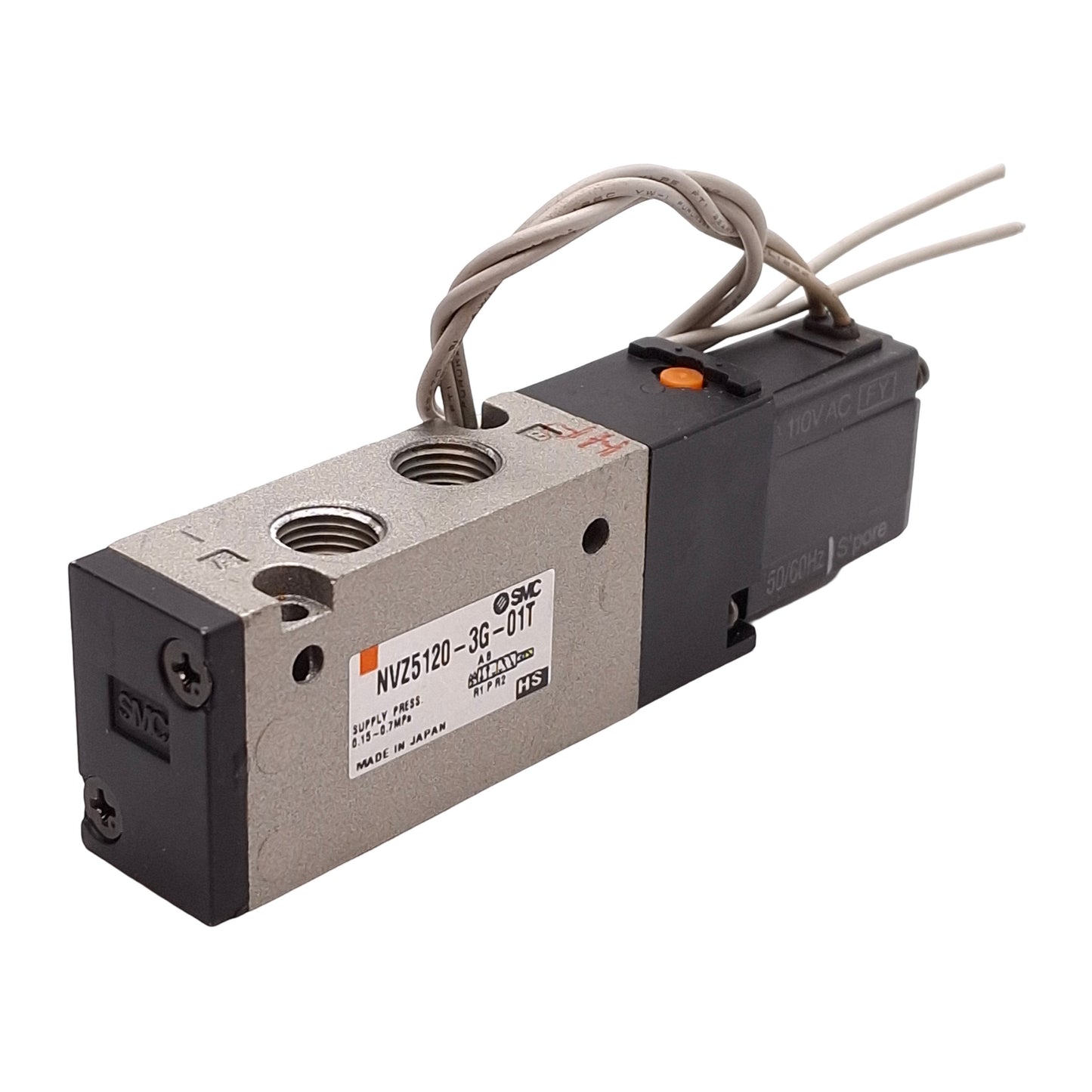 Used SMC NVZ5120-3G-01T Solenoid Valve, 5-Port, 20-100PSI, 1/8in NPTF, 110VAC Coil